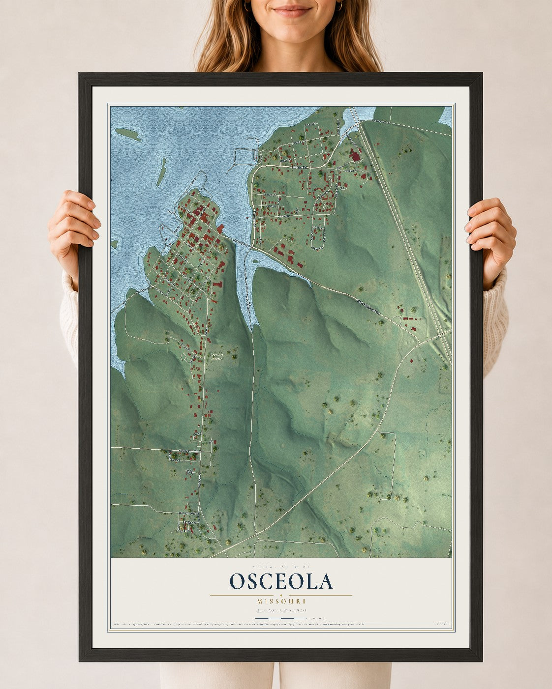 Map of Osceola, Missouri, 24 x 36 inch print in a black wood frame