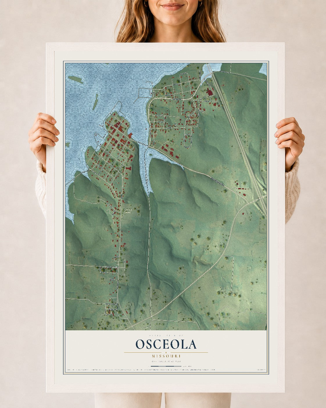 Map of Osceola, Missouri, 24 x 36 inch print in a white wood frame