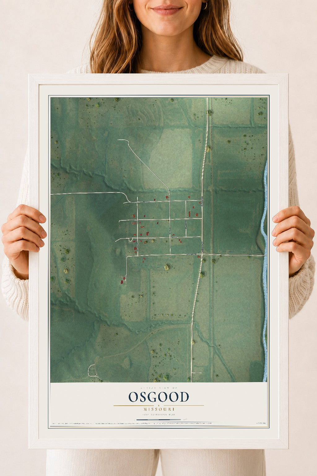 Map of Osgood, Missouri, 18 x 24 inch print in a white wood frame