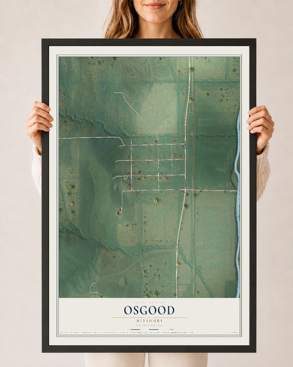 Map of Osgood, Missouri, 24 x 36 inch print in a black wood frame