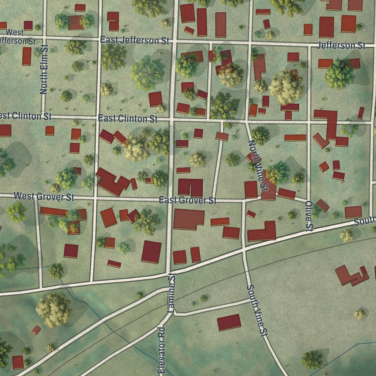 Close-up of the map of Otterville, Missouri print showing street and building detail