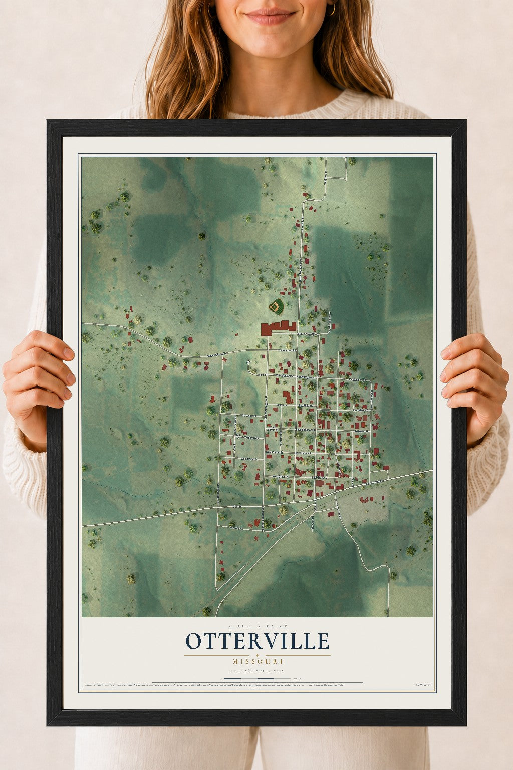 Map of Otterville, Missouri, 18 x 24 inch print in a black wood frame