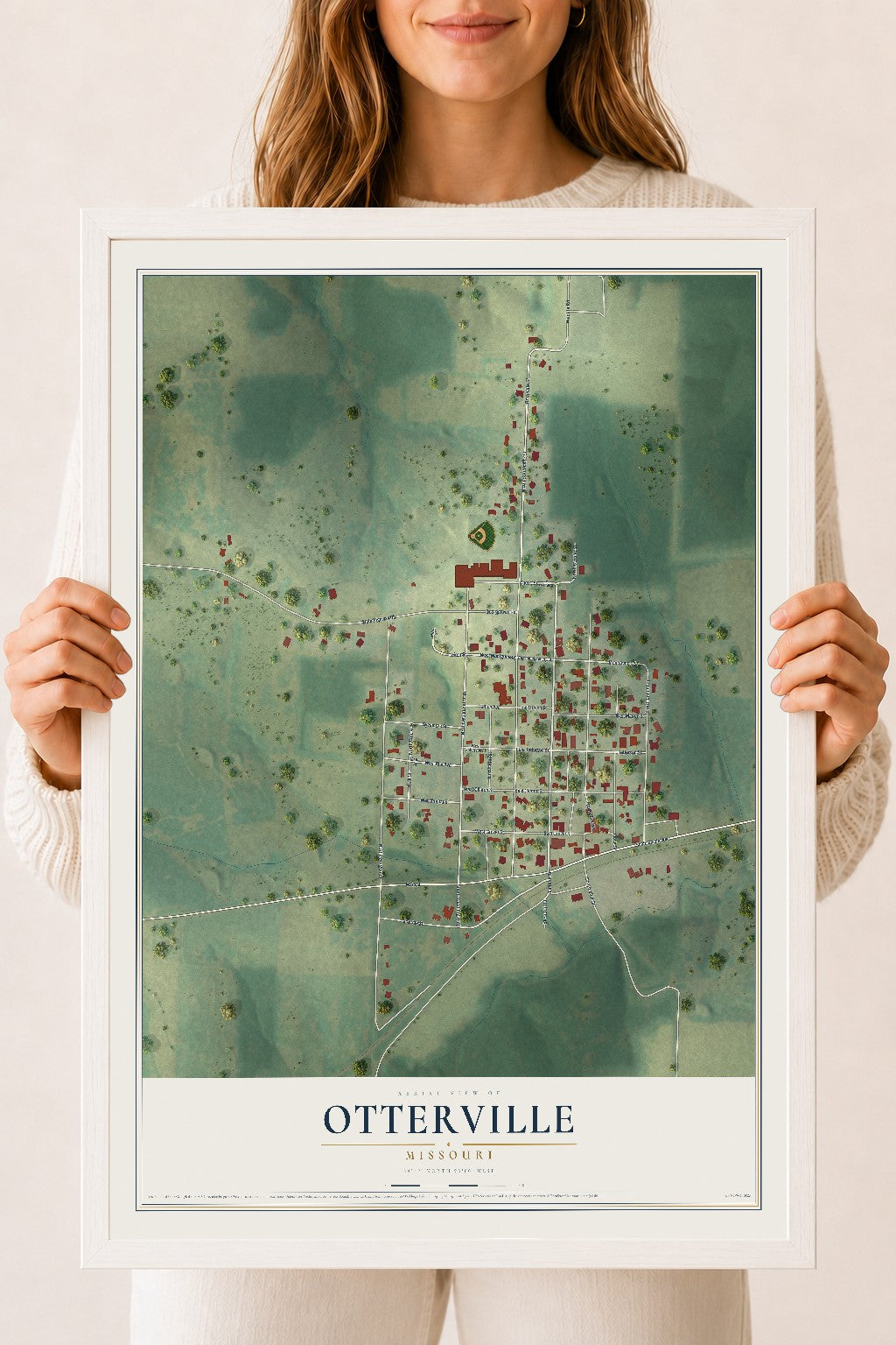 Map of Otterville, Missouri, 18 x 24 inch print in a white wood frame