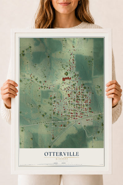 Map of Otterville, Missouri, 18 x 24 inch print in a white wood frame