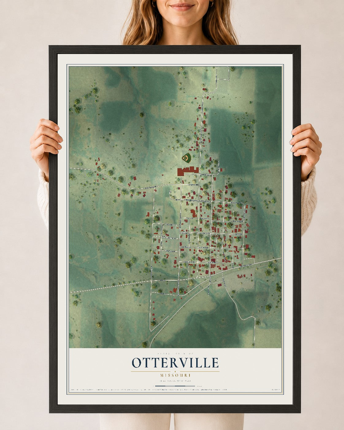 Map of Otterville, Missouri, 24 x 36 inch print in a black wood frame