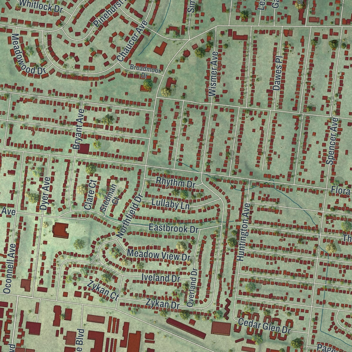 Close-up of the map of Overland, Missouri print showing street and building detail