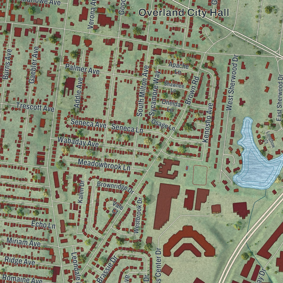 Second close-up of the map of Overland, Missouri print showing more streets and buildings