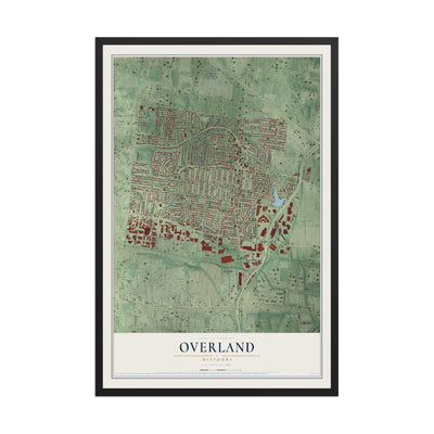Map of Overland, Missouri, 12 x 18 inch print in a black wood frame