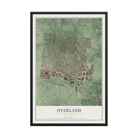 Map of Overland, Missouri, 12 x 18 inch print in a black wood frame