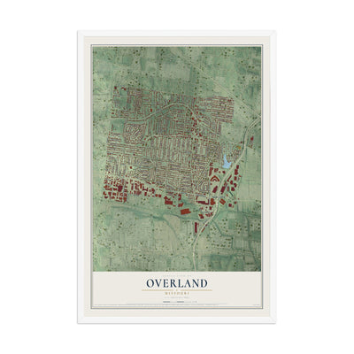 Map of Overland, Missouri, 12 x 18 inch print in a white wood frame