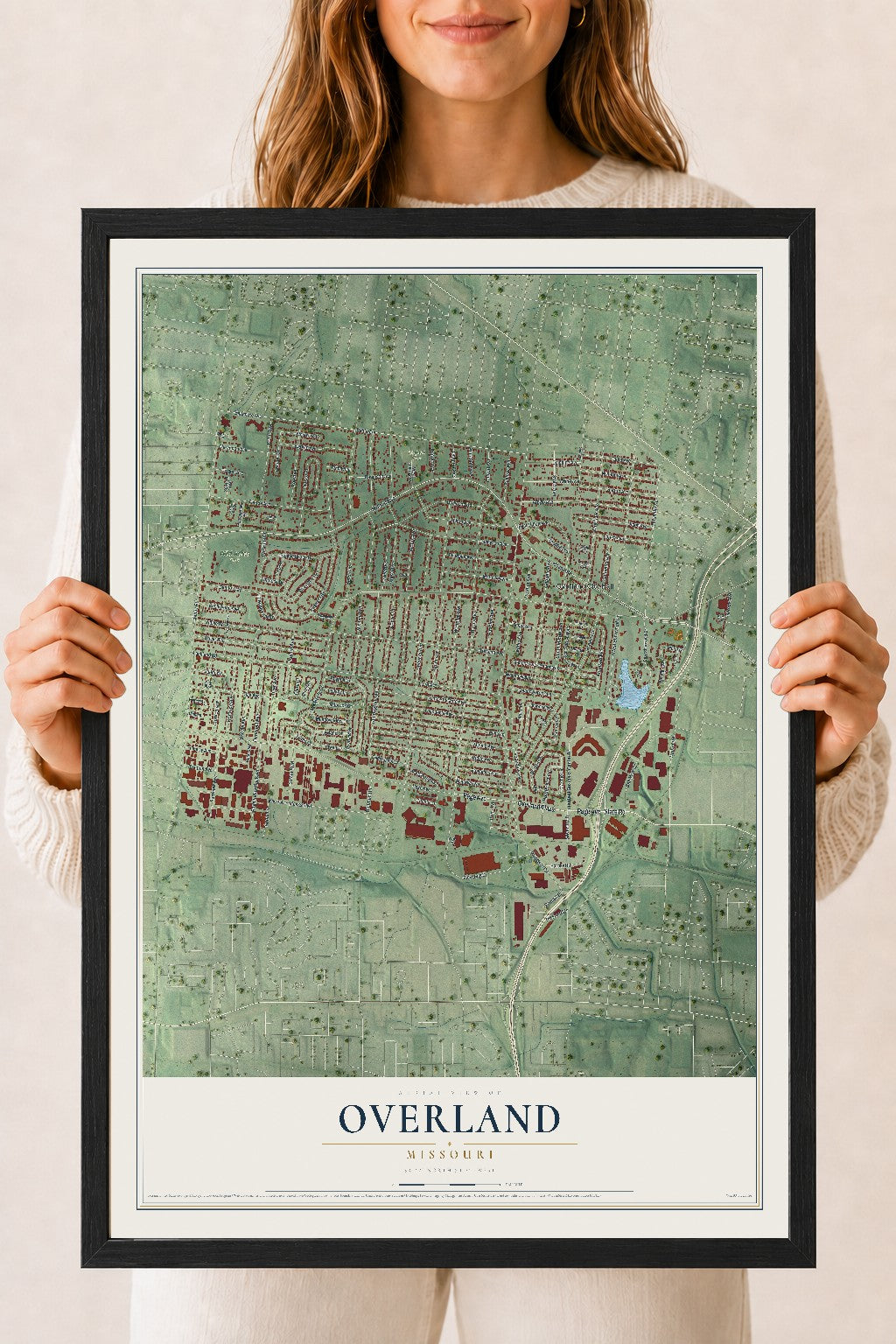 Map of Overland, Missouri, 18 x 24 inch print in a black wood frame