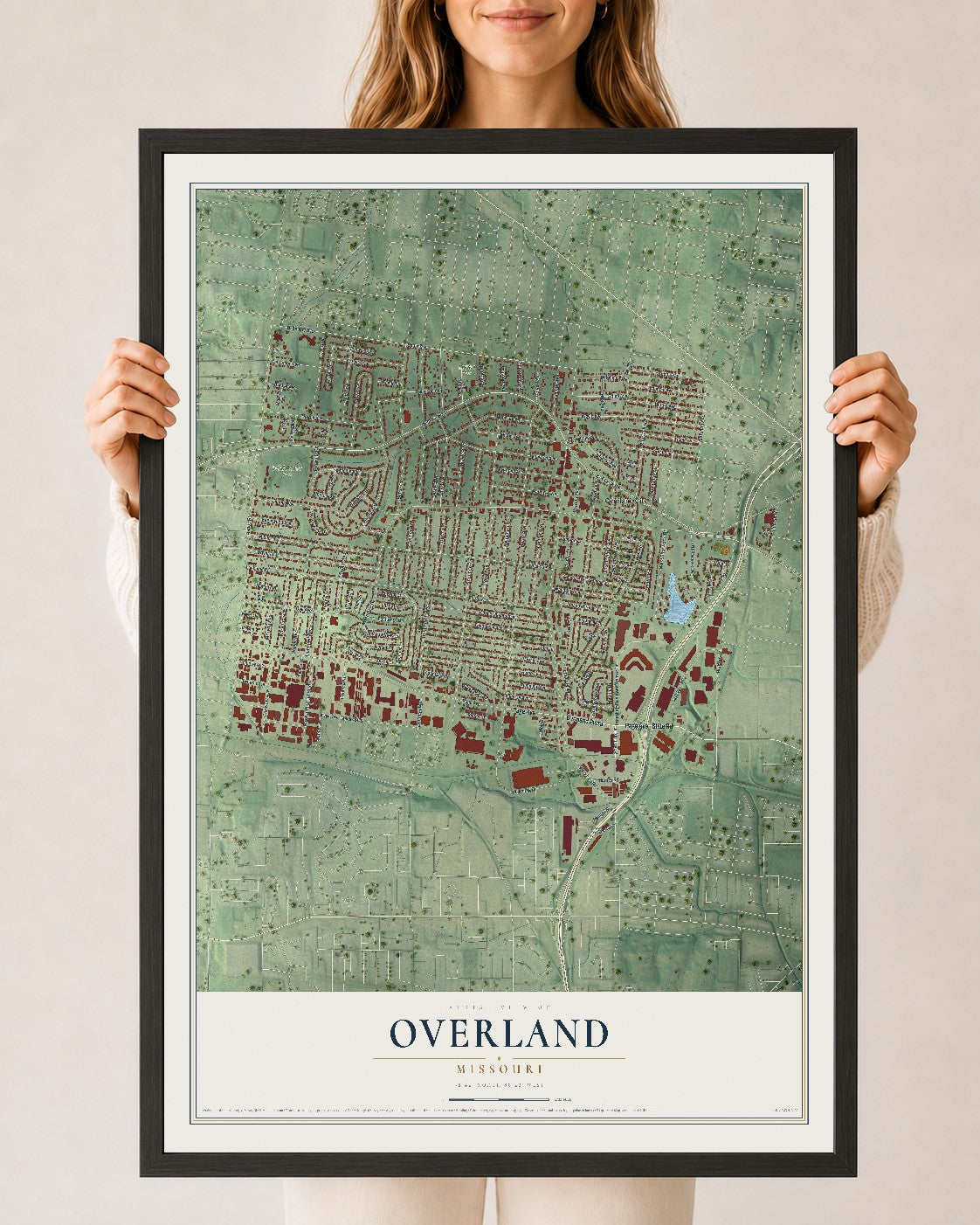 Map of Overland, Missouri, 24 x 36 inch print in a black wood frame
