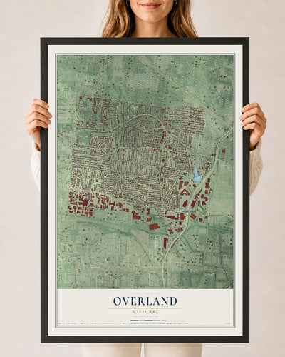 Map of Overland, Missouri, 24 x 36 inch print in a black wood frame