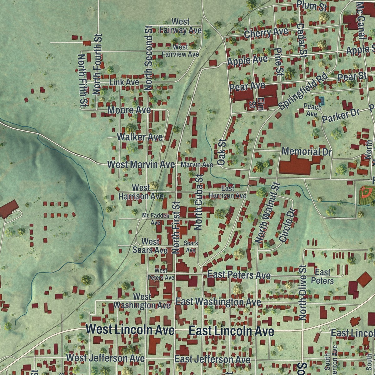 Close-up of the map of Owensville, Missouri print showing street and building detail