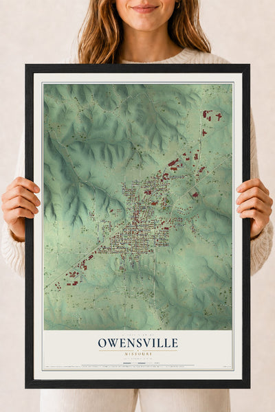 Map of Owensville, Missouri, 18 x 24 inch print in a black wood frame
