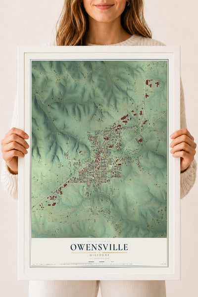 Map of Owensville, Missouri, 18 x 24 inch print in a white wood frame