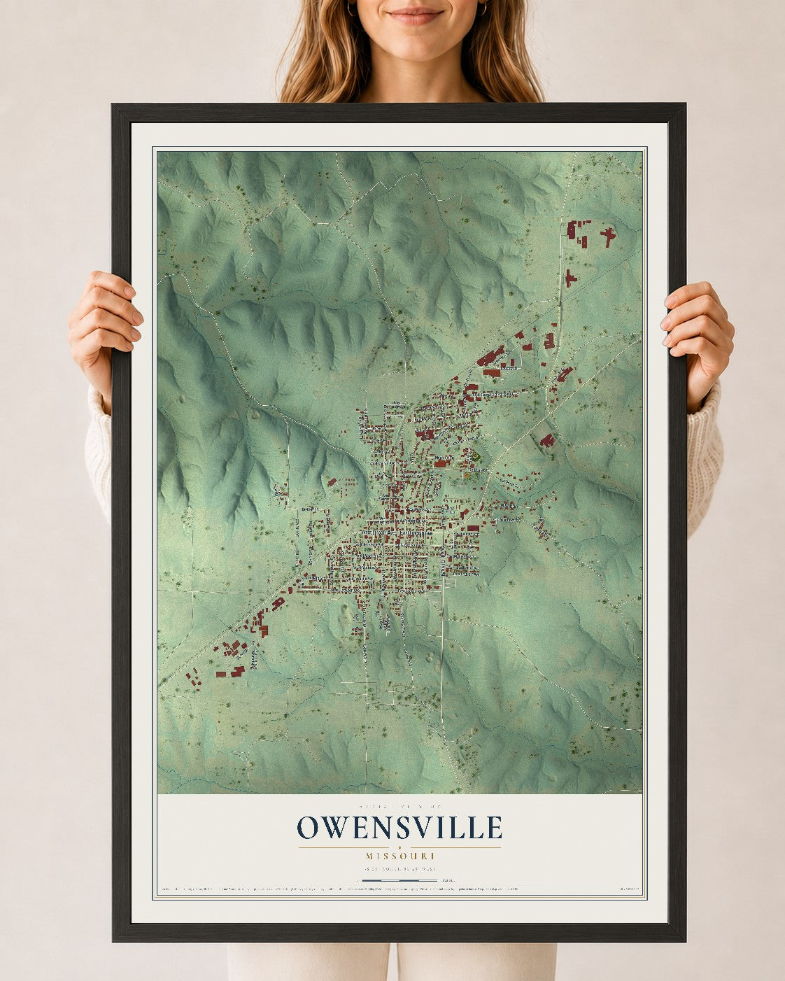 Map of Owensville, Missouri, 24 x 36 inch print in a black wood frame