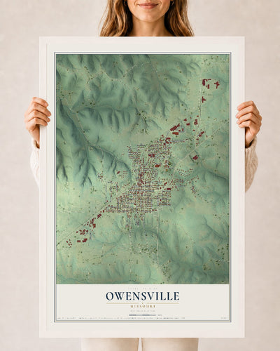 Map of Owensville, Missouri, 24 x 36 inch print in a white wood frame