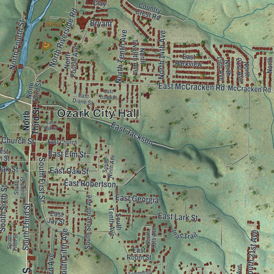 Close-up of the map of Ozark, Missouri print showing street and building detail
