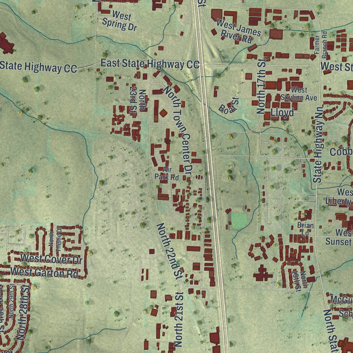 Second close-up of the map of Ozark, Missouri print showing more streets and buildings