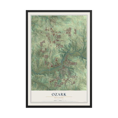 Map of Ozark, Missouri, 12 x 18 inch print in a black wood frame