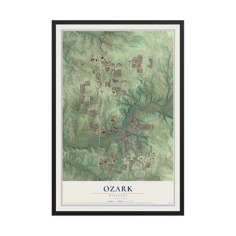Map of Ozark, Missouri, 12 x 18 inch print in a black wood frame