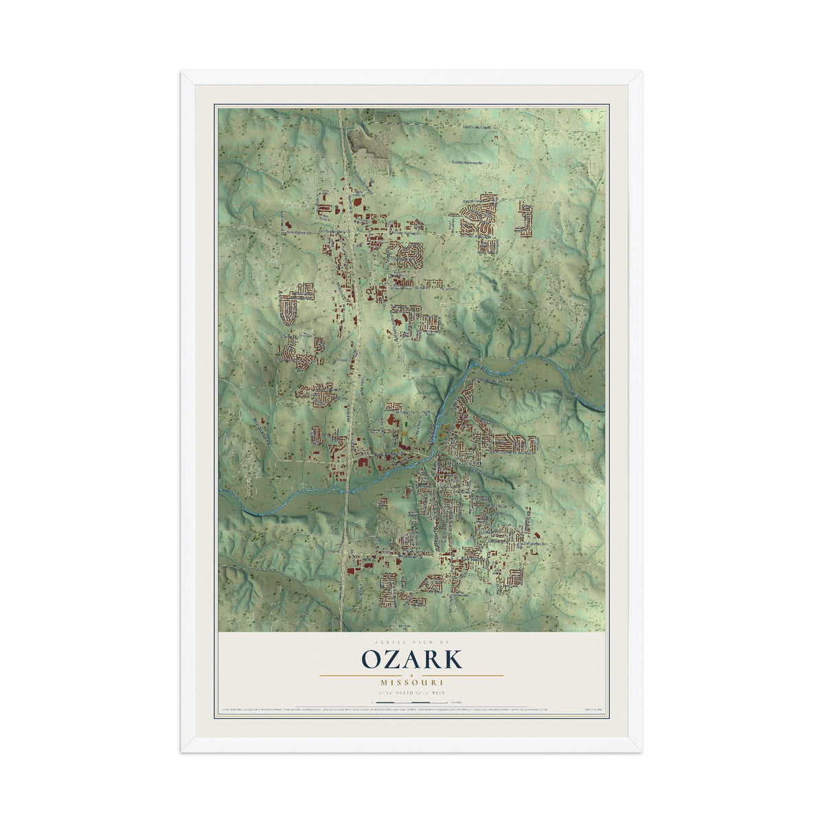 Map of Ozark, Missouri, 12 x 18 inch print in a white wood frame