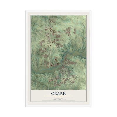 Map of Ozark, Missouri, 12 x 18 inch print in a white wood frame
