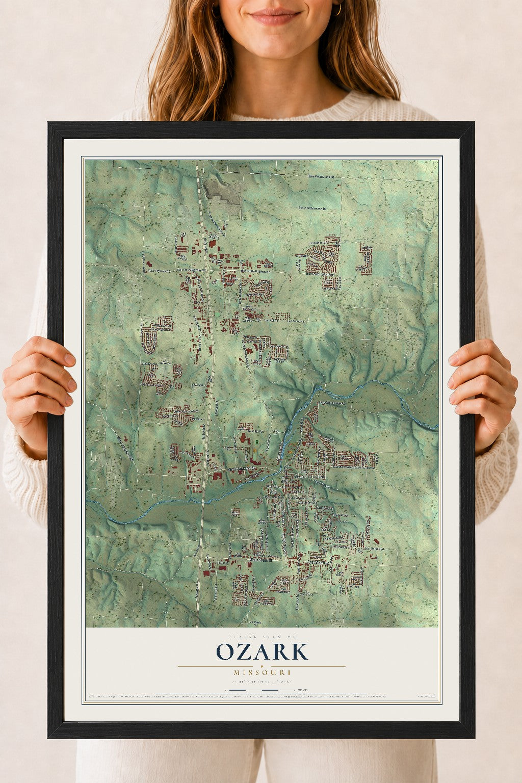 Map of Ozark, Missouri, 18 x 24 inch print in a black wood frame