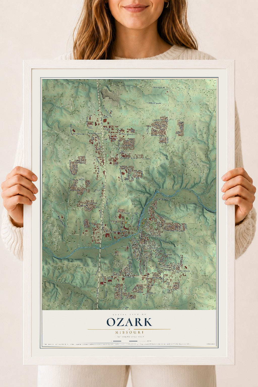 Map of Ozark, Missouri, 18 x 24 inch print in a white wood frame