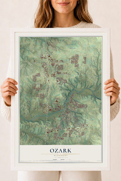 Map of Ozark, Missouri, 18 x 24 inch print in a white wood frame