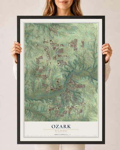 Map of Ozark, Missouri, 24 x 36 inch print in a black wood frame