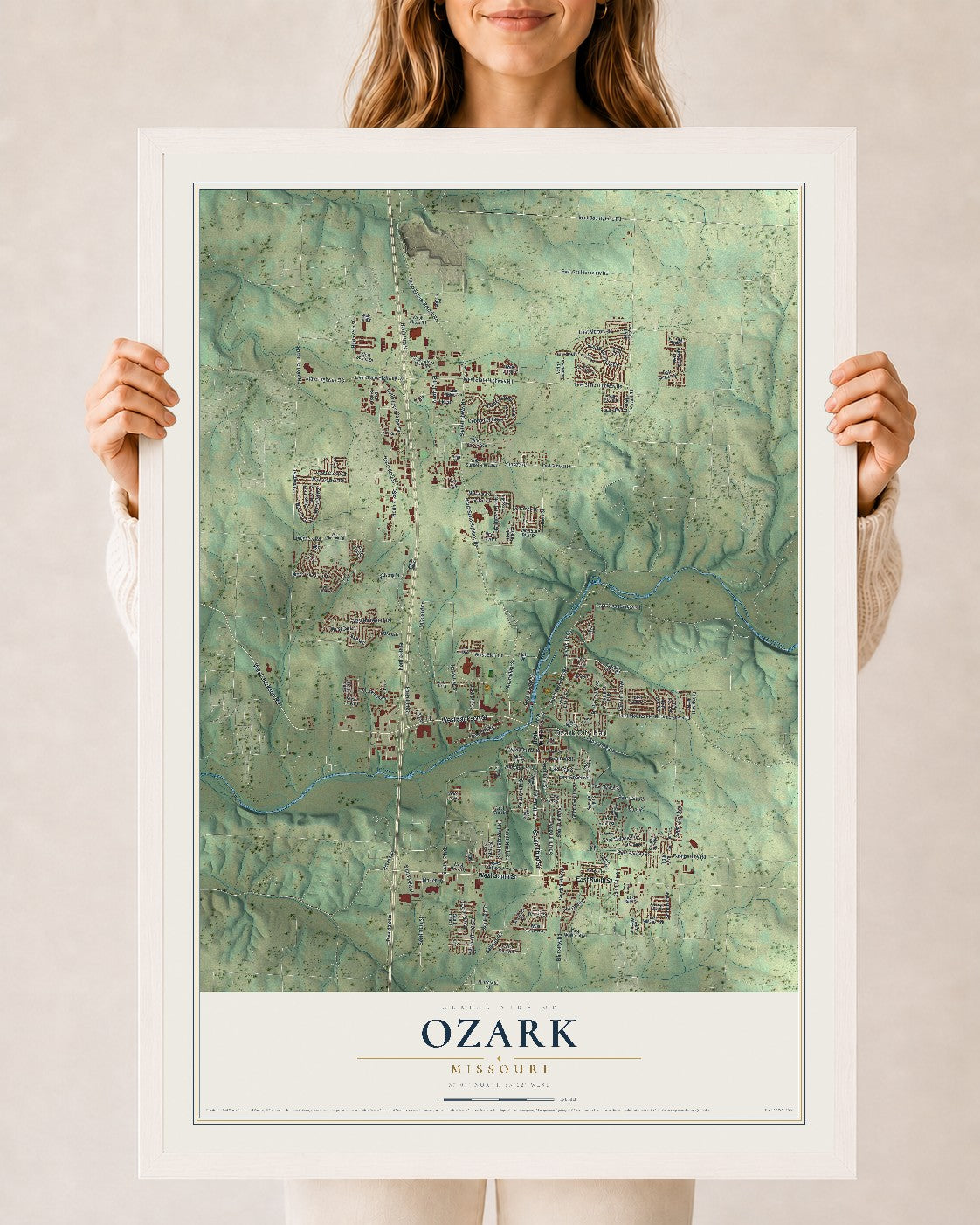 Map of Ozark, Missouri, 24 x 36 inch print in a white wood frame