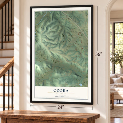 Ozora, Missouri map, 24 x 36 inch print in a black frame by a staircase