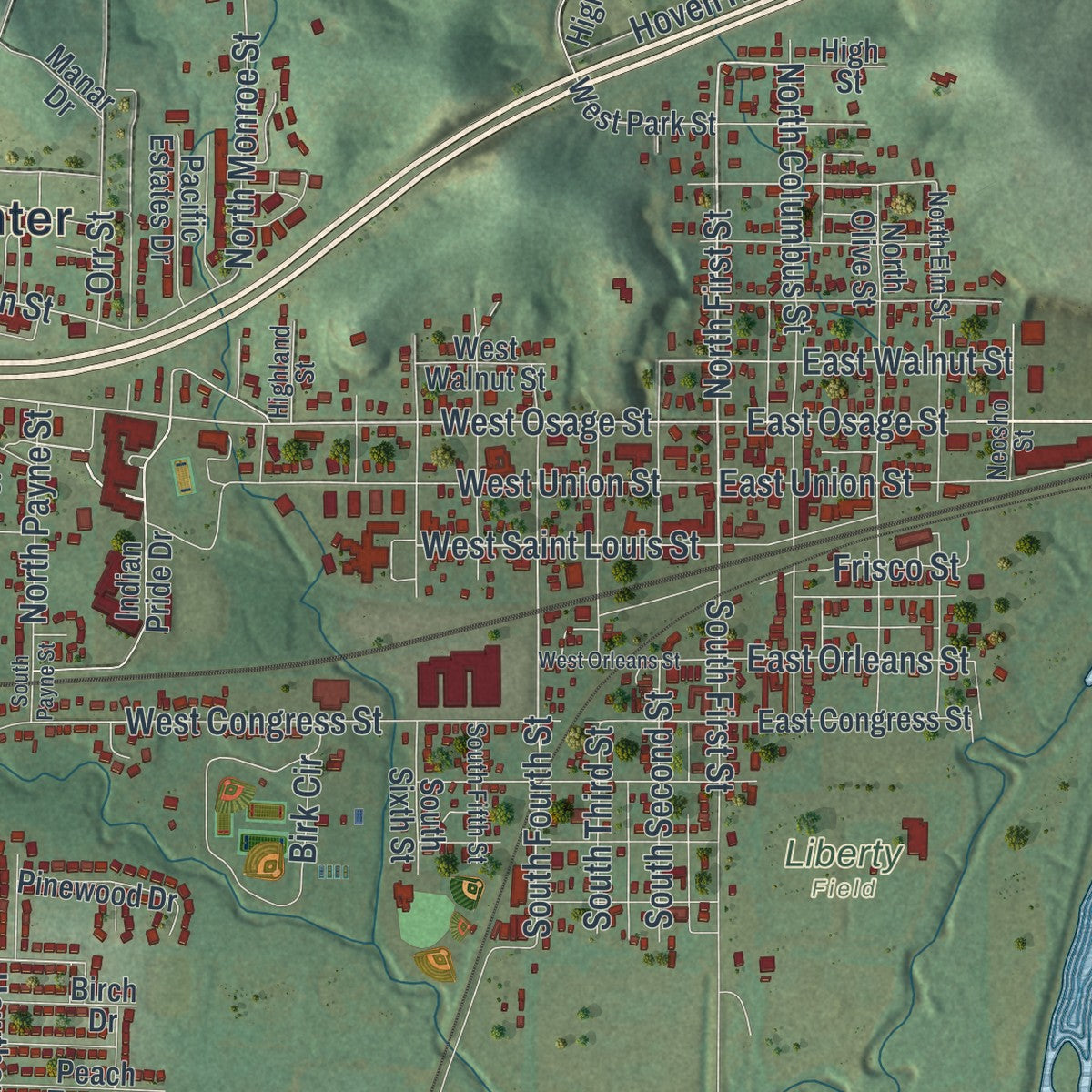 Close-up of the map of Pacific, Missouri print showing street and building detail