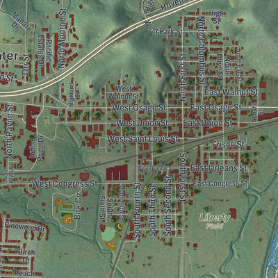 Close-up of the map of Pacific, Missouri print showing street and building detail