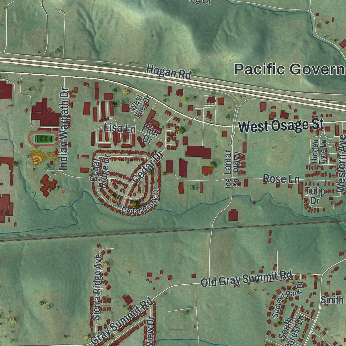 Second close-up of the map of Pacific, Missouri print showing more streets and buildings