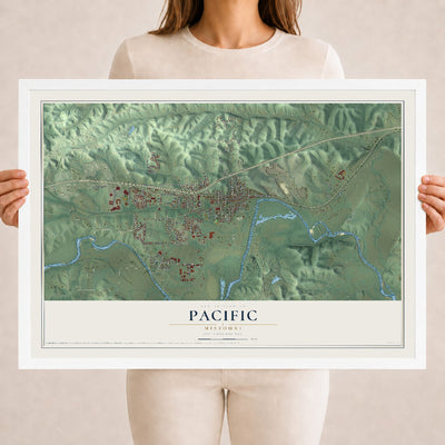 Map of Pacific, Missouri, 18 x 24 inch print in a white wood frame