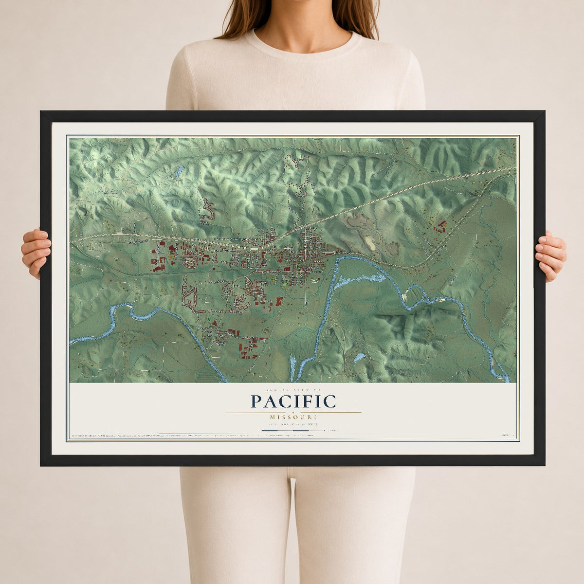 Map of Pacific, Missouri, 24 x 36 inch print in a black wood frame
