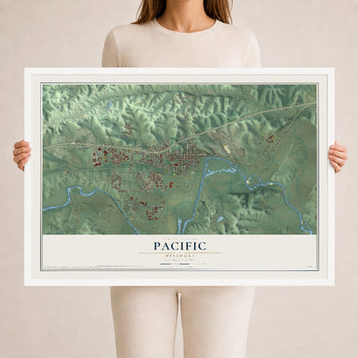 Map of Pacific, Missouri, 24 x 36 inch print in a white wood frame