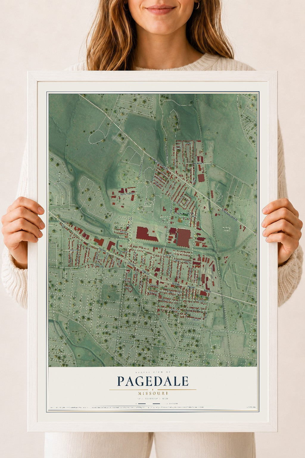 Map of Pagedale, Missouri, 18 x 24 inch print in a white wood frame