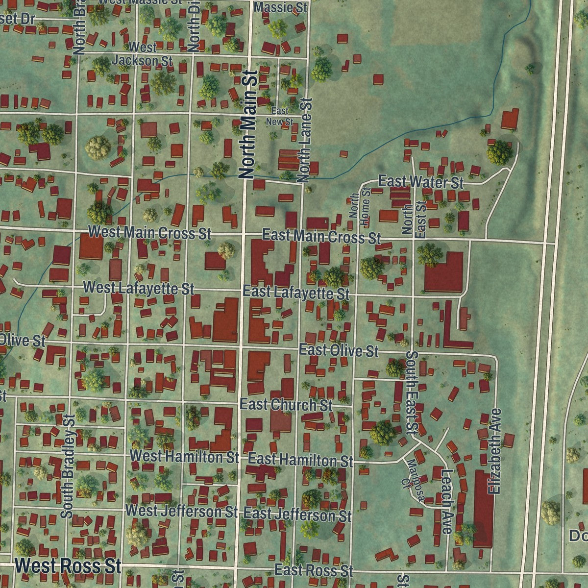 Close-up of the map of Palmyra, Missouri print showing street and building detail