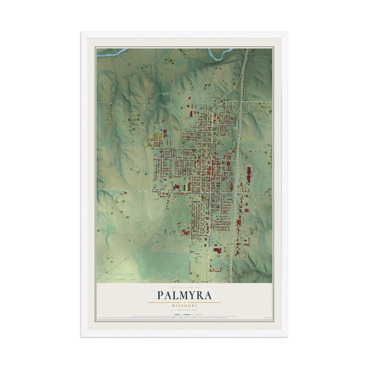 Map of Palmyra, Missouri, 12 x 18 inch print in a white wood frame