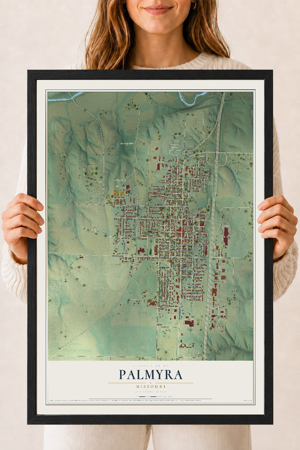 Map of Palmyra, Missouri, 18 x 24 inch print in a black wood frame