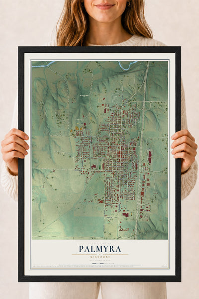 Map of Palmyra, Missouri, 18 x 24 inch print in a black wood frame