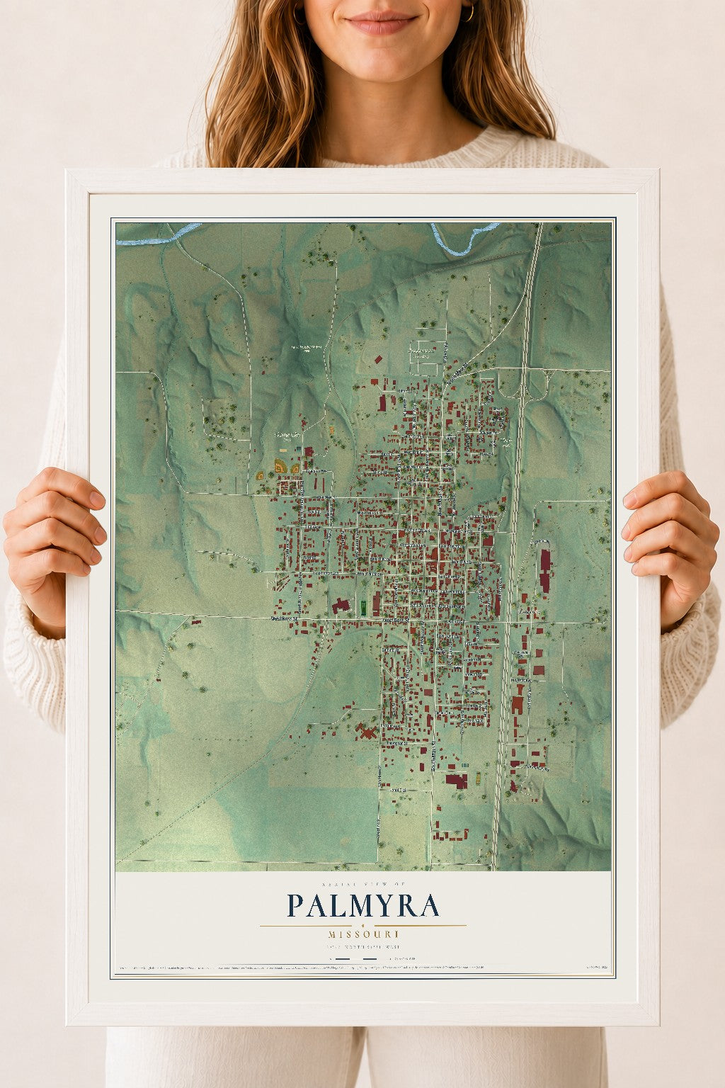 Map of Palmyra, Missouri, 18 x 24 inch print in a white wood frame