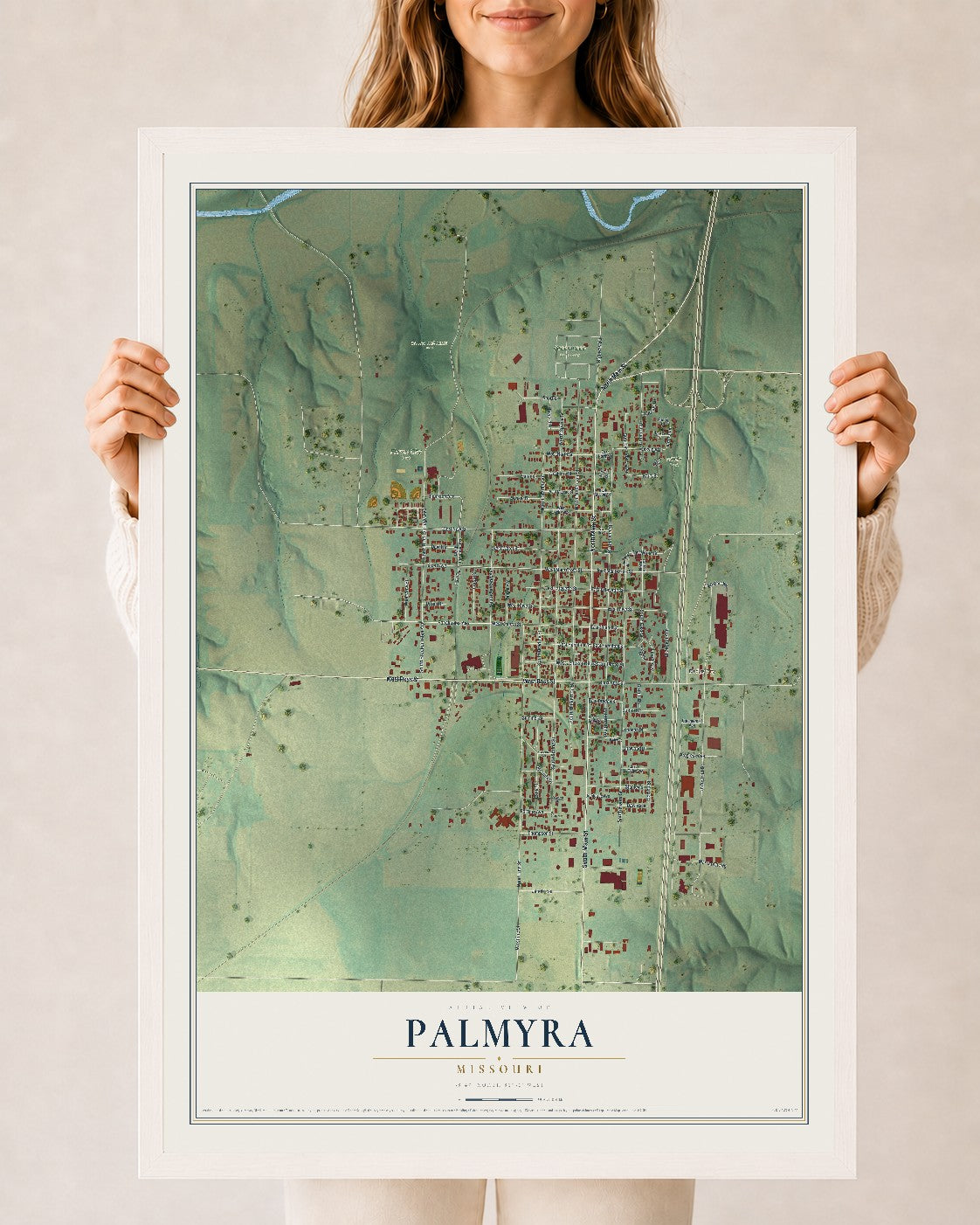 Map of Palmyra, Missouri, 24 x 36 inch print in a white wood frame