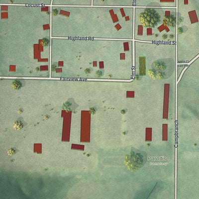 Close-up of the map of Paradise, Missouri print showing street and building detail