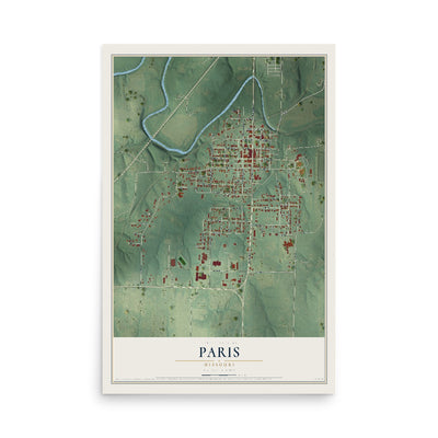 Map of Paris, Missouri, 12 x 18 inch unframed archival matte print