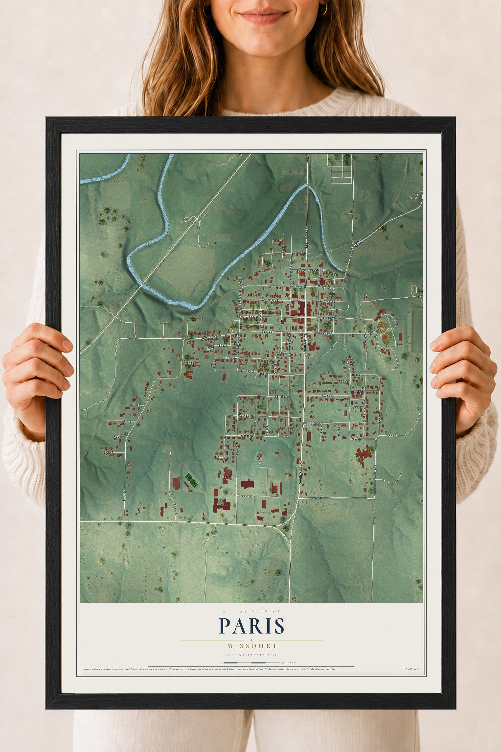 Map of Paris, Missouri, 18 x 24 inch print in a black wood frame